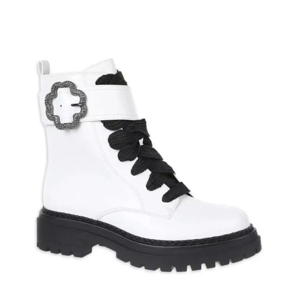 Sam and Libby Women Samantha Embellished Buckle White Combat Boots Size 7.5